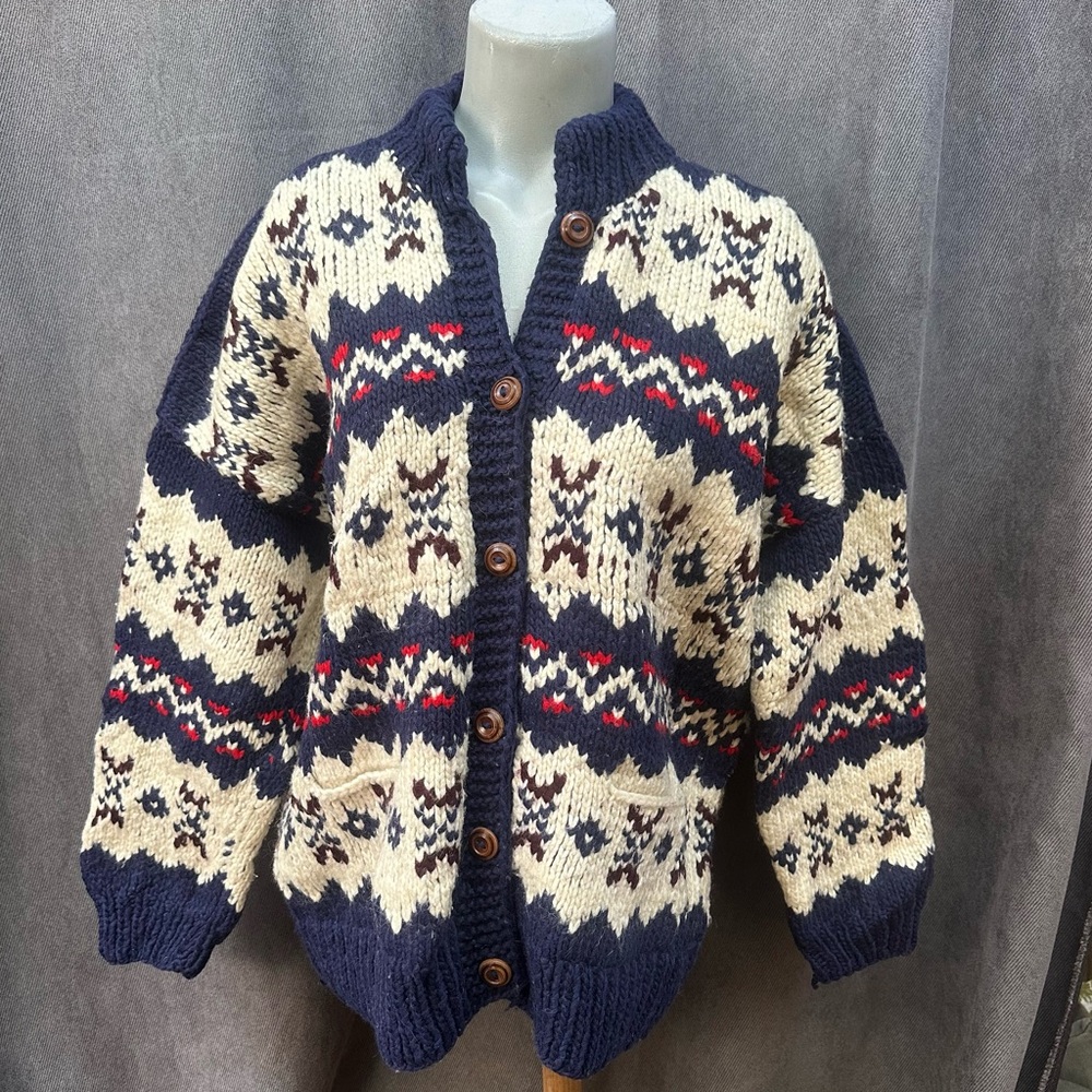 Vtg Wool Cardigan Sweater Fair Isle Thick Chunky
